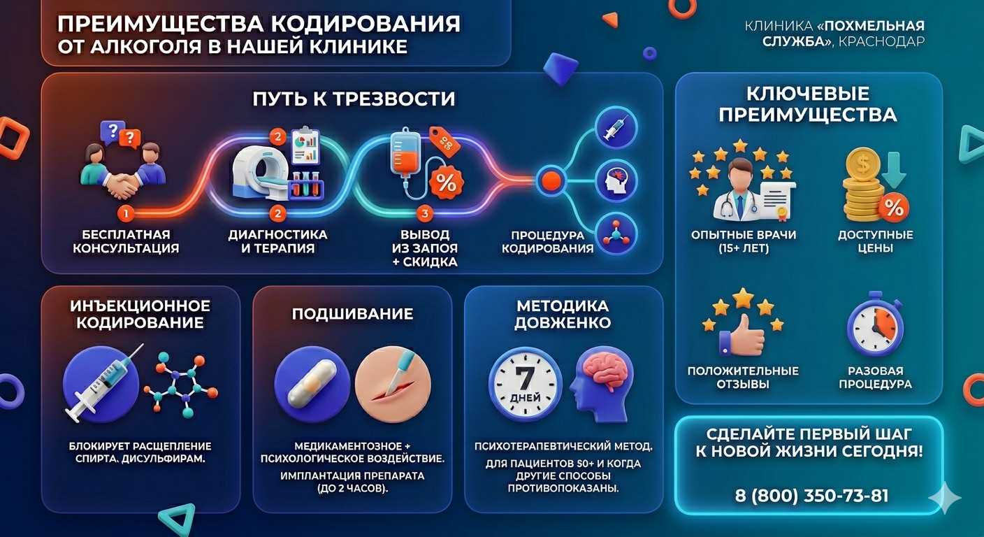 Инфографика о методах кодирования от алкоголя в Бессоновке: инъекции, подшивание, метод Довженко. Преимущества клиники и этапы лечения.