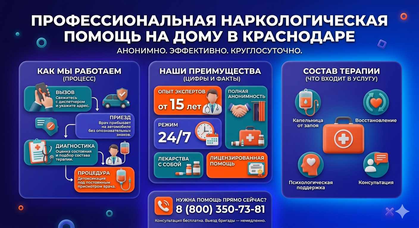 Инфографика о принципах лечения алкоголизма на дому в Бессоновке: этапы вызова нарколога, преимущества анонимной детоксикации и состав медицинской помощи.